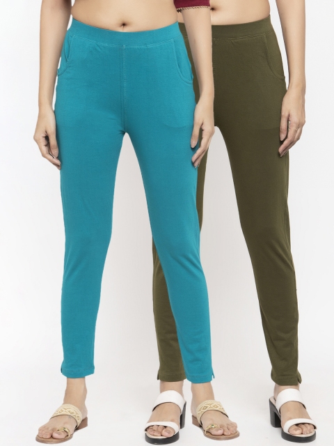 

NEUDIS Women Pack Of 2 Solid Ankle-Length Leggings, Turquoise blue