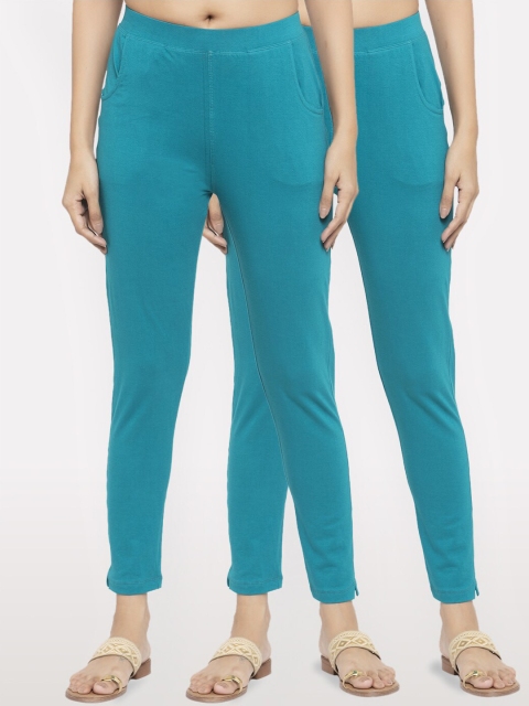 

NEUDIS Women Pack Of 2 Teal Blue Solid Ankle-Length Leggings