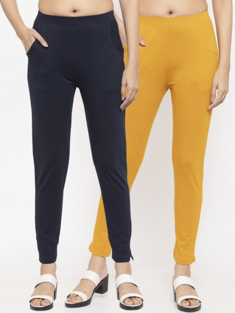 

NEUDIS Women Pack Of 2 Solid Ankle-Length Leggings, Mustard