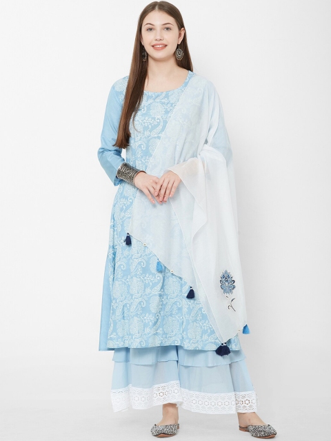 

Os Women Blue & White Embroidered Kurta with Palazzos & Dupatta