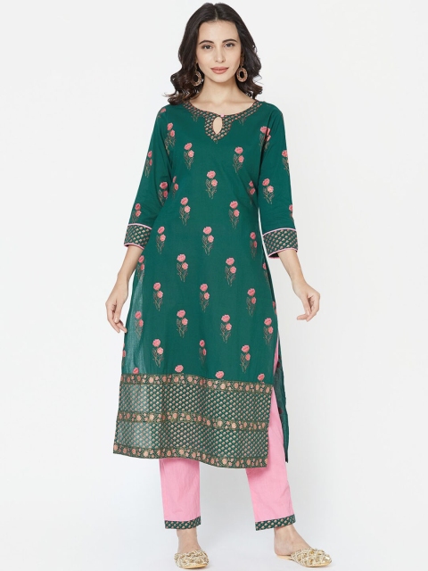 

FASHOR Women Green & Pink Printed Kurta with Trousers