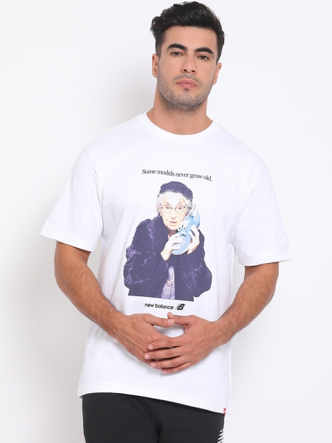 

New Balance Men White & Blue Printed Round Neck T-shirt