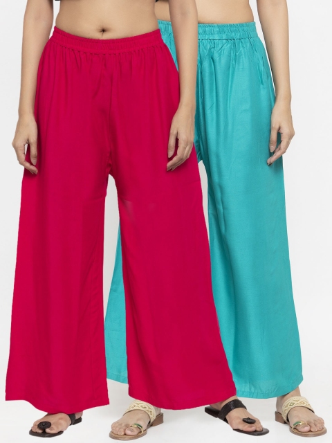 

NEUDIS Women Pack Of 2 Magenta & Blue Solid Flared Palazzos