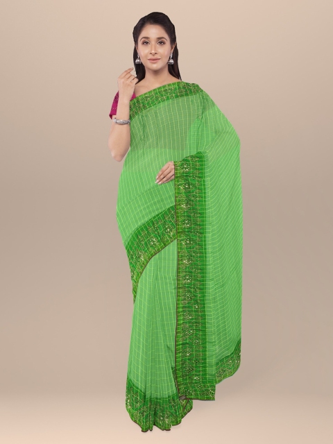 

KLM Fashion Mall Green & White Organza Striped Saree