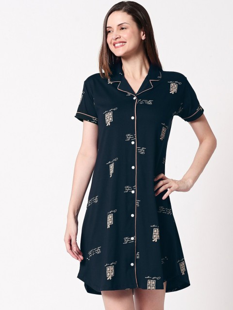 

Zeyo Women Navy Blue Printed Nightdress