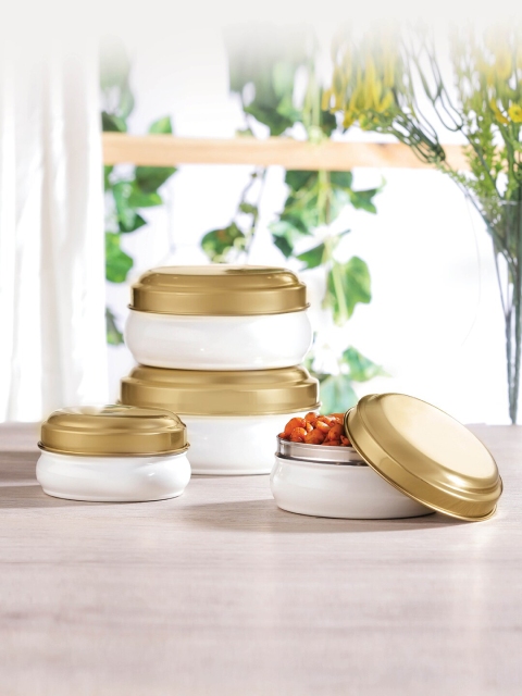 

Jensons Set of 4 Gold-Toned & White Solid Stainless Steel Belly Boxes with Lid