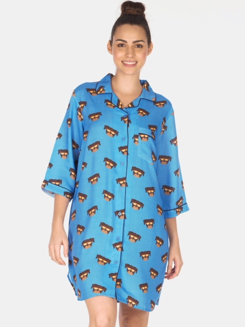 

Smugglerz Women Blue & Brown Printed Sleep Shirt