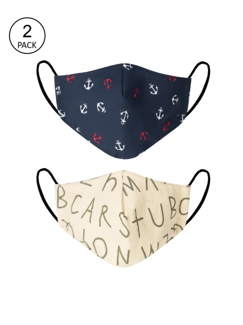 

VEA Kids Pack Of 2 Beige & Navy Blue Printed 3-Ply Reusable Cloth Masks