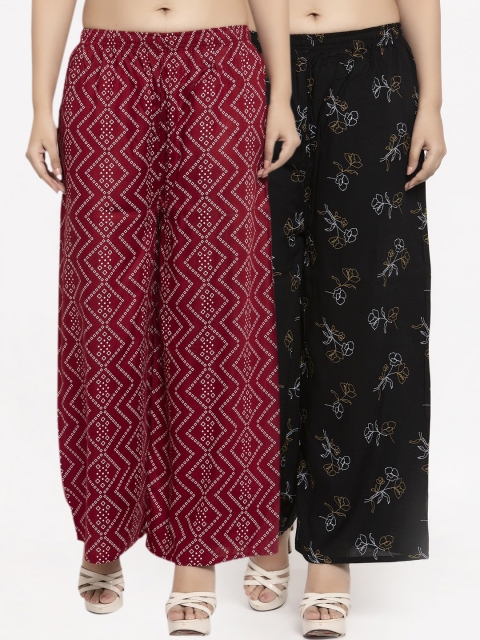 

KLOTTHE Women Pack Of 2 Maroon & Black Printed Flared Palazzos