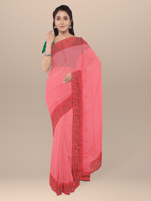 

KLM Fashion Mall Peach-Coloured Solid Organza Saree