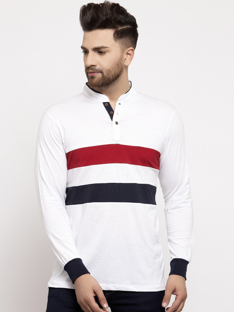 

Kalt Men White & Maroon Striped Mandarin Collar T-shirt