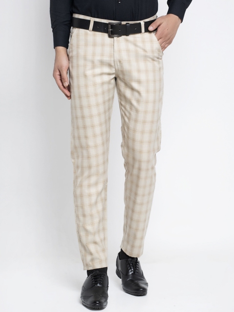 

JAINISH Men Cream Checked Formal Trousers