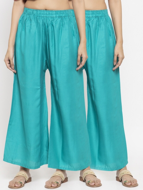 

NEUDIS Women Pack Of 2 Turquoise Blue Solid Flared Palazzos