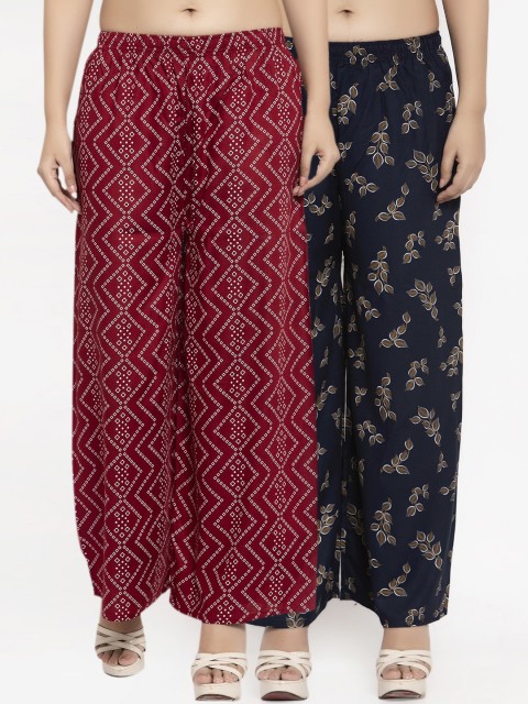 

KLOTTHE Women Pack Of 2 Navy Blue & Maroon Printed Straight Palazzos