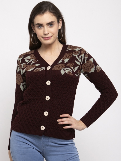 

Kalt Women Maroon Self Design Cardigan Sweater