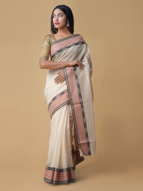 

Unnati Silks Cream-Coloured Silk Cotton Checked Handloom Chanderi Saree
