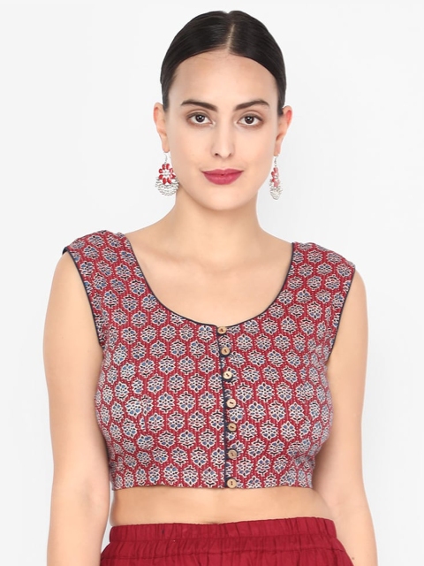 

Molcha Women Maroon & Brown Printed Readymade Ajrak Saree Blouse