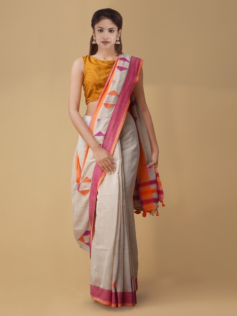 

Unnati Silks Cream-Coloured & Pink Pure Linen Solid Jamdani Handloom Saree