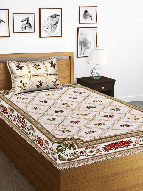 Tistabene Beige & Red Printed 144 TC Single Bedsheet With Pillow Cover