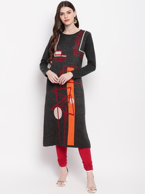 

Janasya Women Grey & Red Woven Design Straight Acrylic Winter Kurta