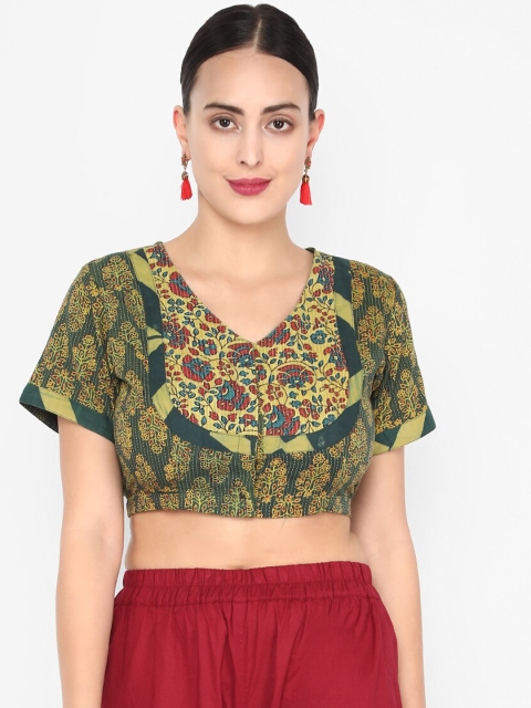 

Molcha Green Ajrak Printed Non-Padded Saree Blouse