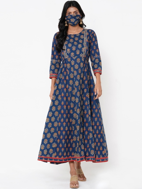 FASHOR Women Blue Printed Fit and Flare Dress