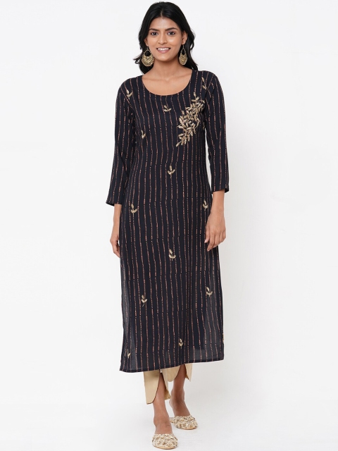 

FASHOR Women Black Striped A-Line Kurta