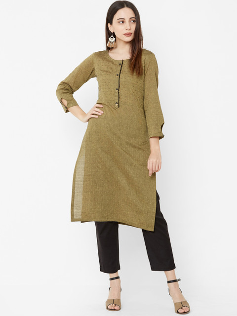 

Os Women Olive Green Woven Design Straight Kurta