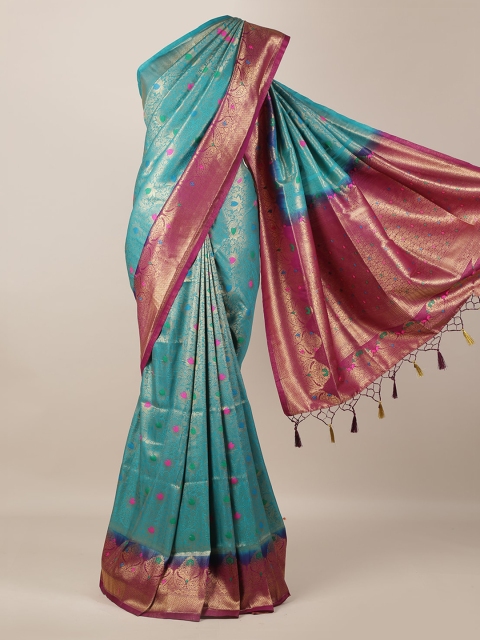 

Pothys Turquoise Blue Printed Jute Silk Saree