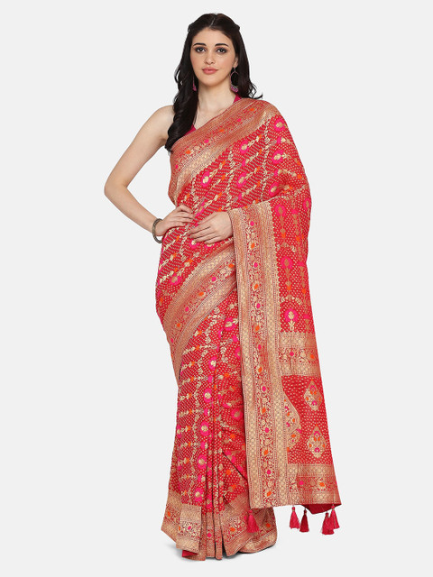 

BOMBAY SELECTIONS Pink & Gold-Toned Poly Georgette Woven Design Banarasi Saree