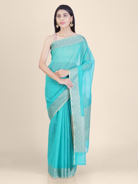 

Shruti and Mangaaysh Teal Green & Gold-Coloured Pure Silk Handloom Kota Saree