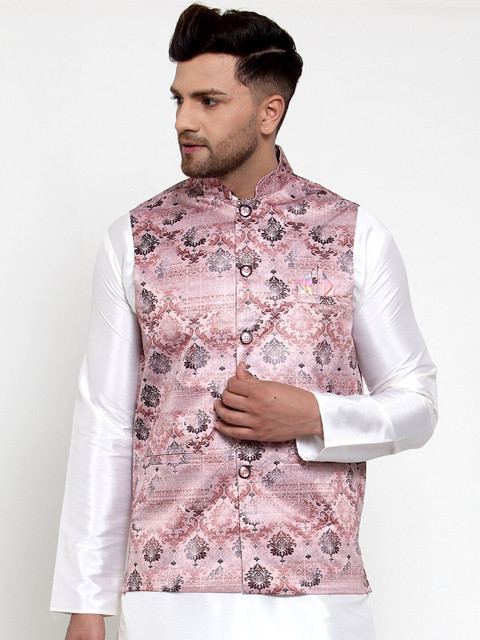 

Jompers Men Pink & Brown Printed Nehru Jacket