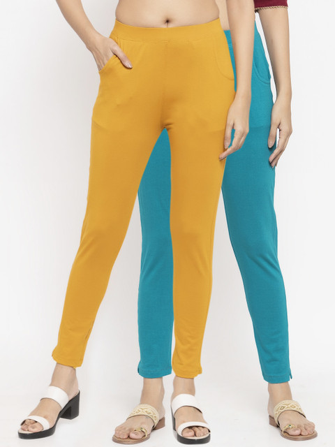 

NEUDIS Women Pack Of 2 Solid Ankle-Length Leggings, Mustard