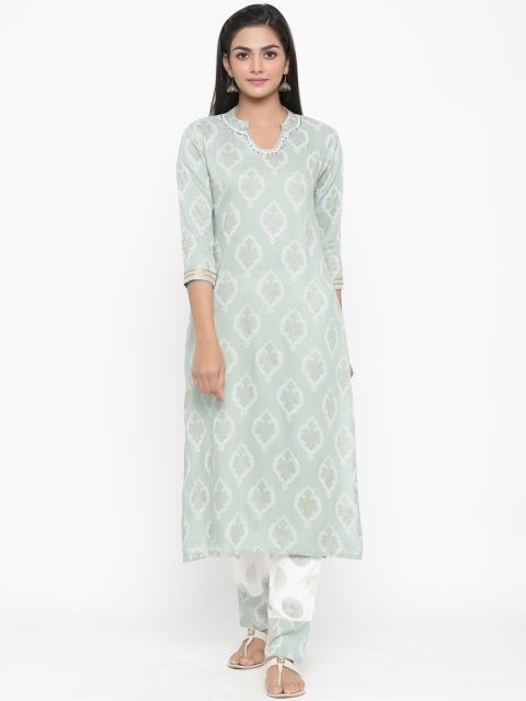 

WomenMagic Women Green & White Printed Kurta with Churidar
