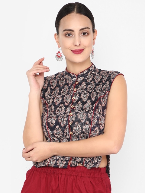 

Molcha Women Black & Maroon Printed Fusion Saree Blouse