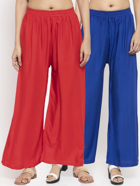 

NEUDIS Women Pack of 2 Red & Blue Solid Flared Palazzos