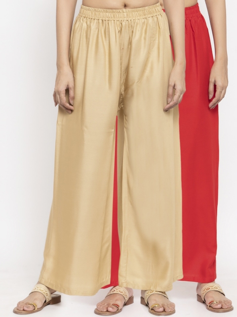 

NEUDIS Women Red & Beige Set of 2 Solid Flared Palazzos