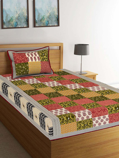 

Tistabene Multicoloured Ethnic Motifs 144 TC Cotton 1 Single Bedsheet with 1 Pillow Covers, Multi