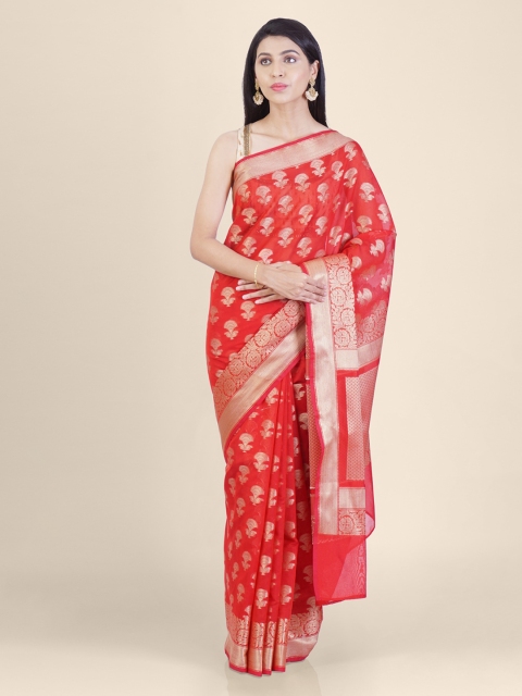 

Shruti and Mangaaysh Red & Gold-Coloured Handloom Woven Design Banarasi Saree