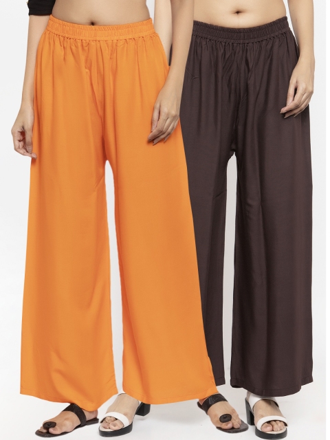 

NEUDIS Women Pack Of 2 Orange & Brown Solid Flared Palazzos