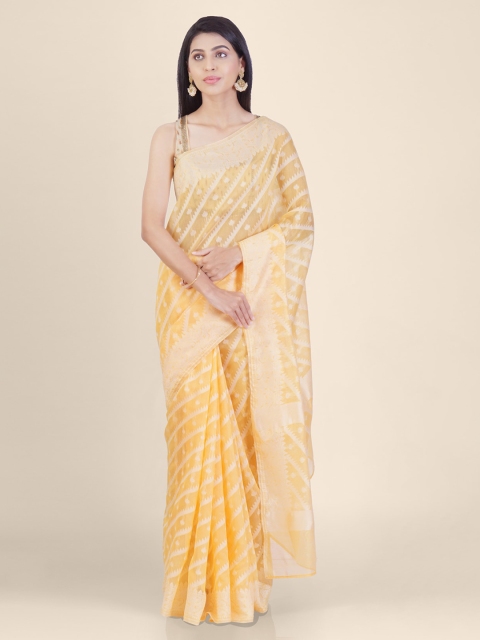 

Shruti and Mangaaysh Yellow & Gold-Coloured Silk Blend Handloom Banarasi Saree