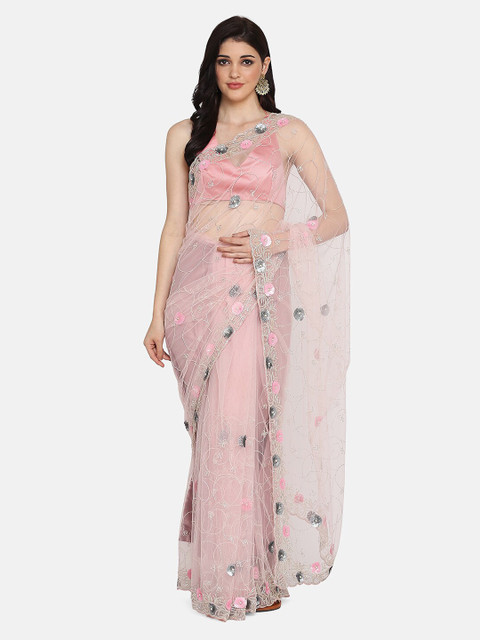 

BOMBAY SELECTIONS Pink Embroidered Supernet Saree