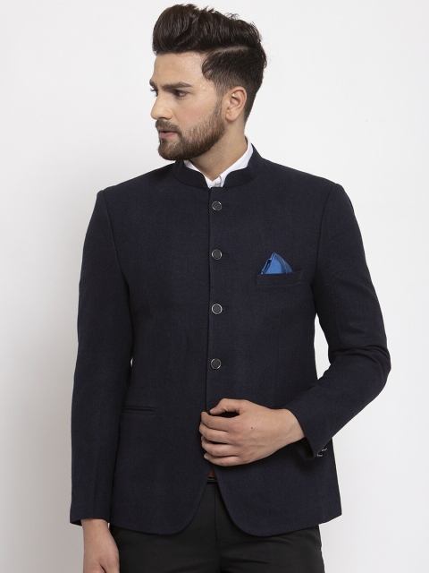 

NEUDIS by Dhrohar Men Navy Blue Formal Solid Wool Bandhgala Blazer