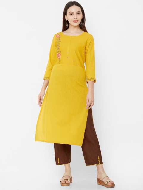 

Os Women Yellow & Brown Solid Kurta with Trousers