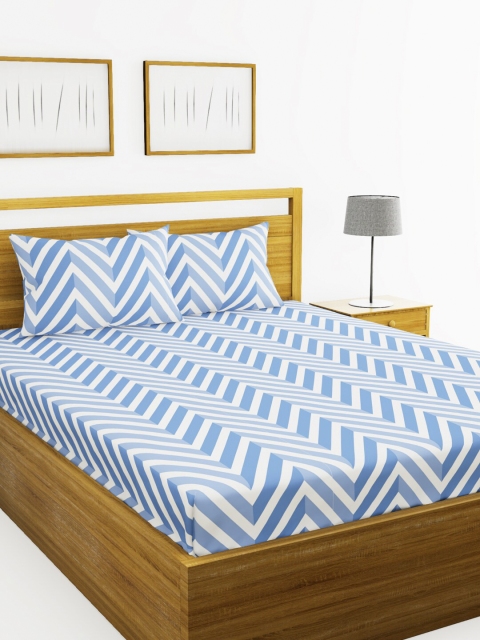 

BIANCA Blue & Off-White Geometric 152 TC Polyester 1 Queen Bedsheet with 2 Pillow Covers