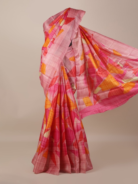 

Pothys Pink & Orange Jute Silk Printed Saree