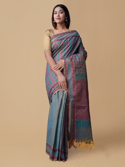 

Unnati Silks Blue & Pink Pure Cotton Striped Handloom Mysore Silk Saree