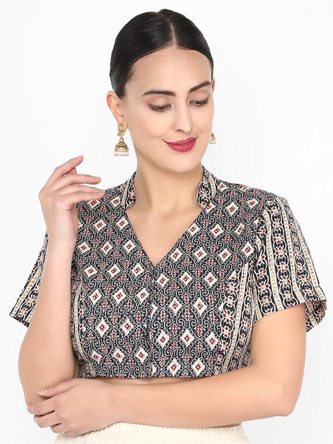 

Molcha Women Navy Blue & Yellow Ajrak Printed Readymade Saree Blouse