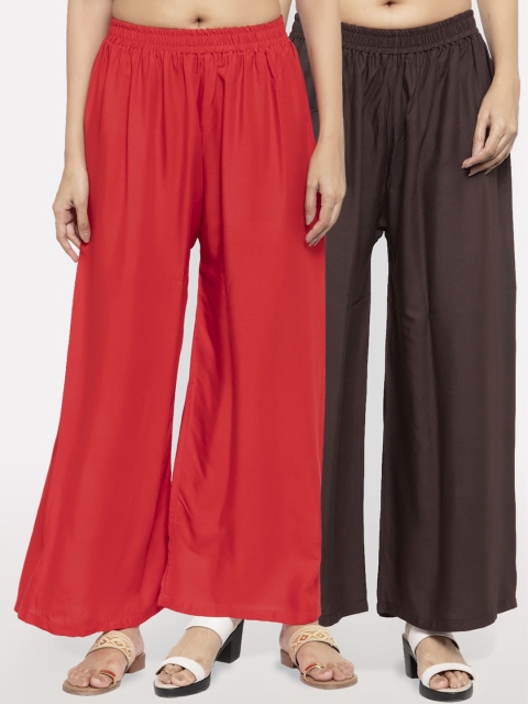 

NEUDIS Women Pack Of 2 Solid Flared Palazzos, Red