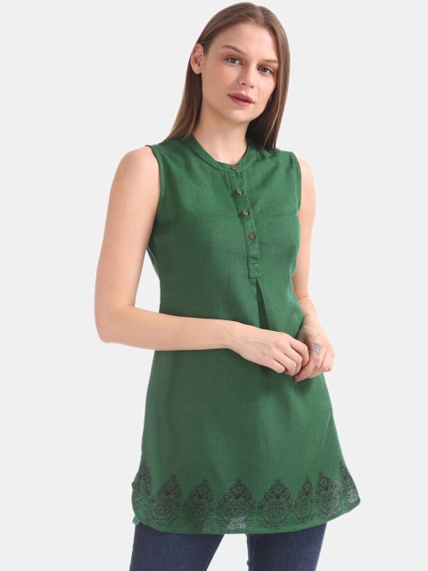 

Bronz Women Green Mandarin Neck Sleeveless Tunic